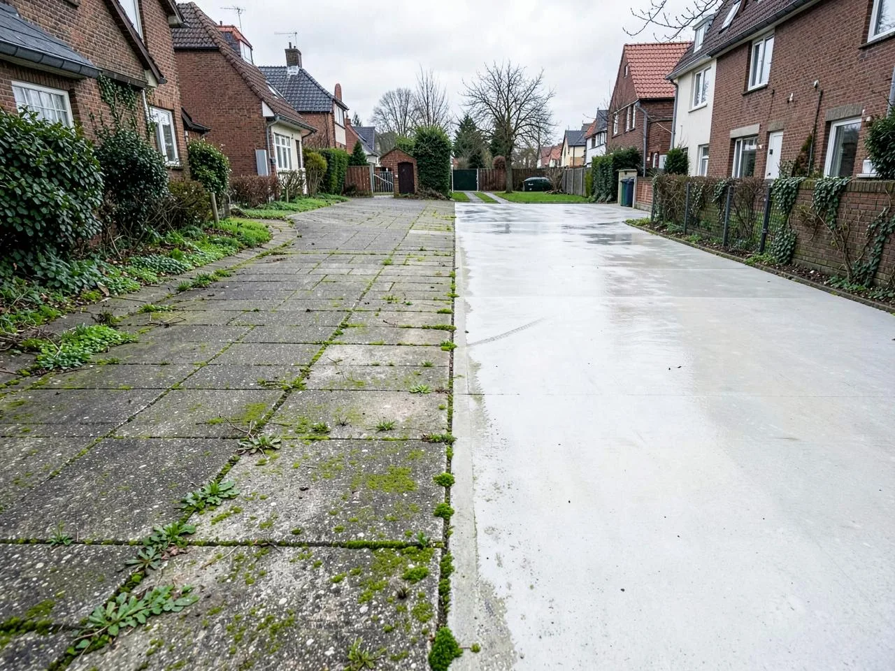 Gepflasterte Einfahrt mit Grünbelag im Vergleich zur gereinigten Fläche